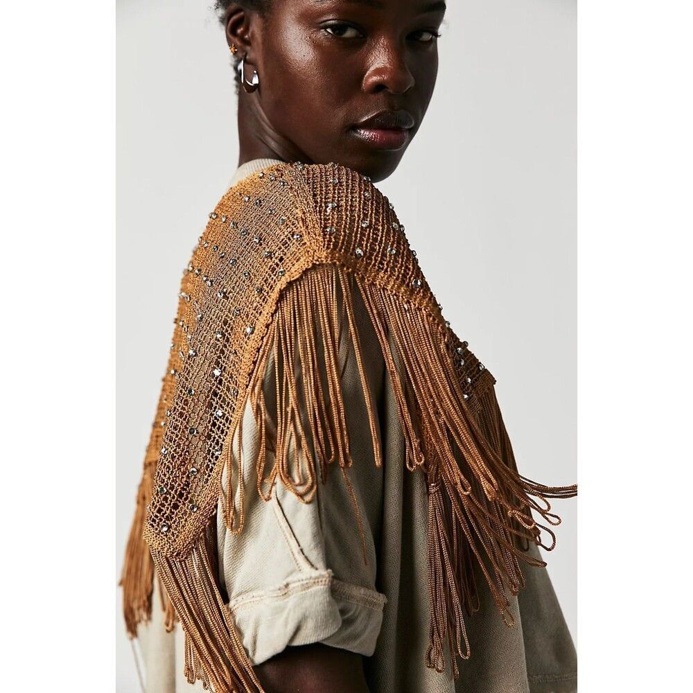 Free People Midnight Rodeo Top Cotton Fringe Studded Small S NEW